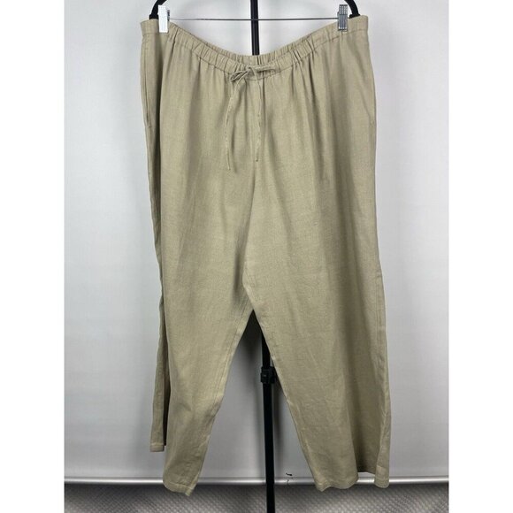 Go Linen Women Khaki Green 100% Linen Elastic Waist Tapered Pants Size 2X - Picture 1 of 8